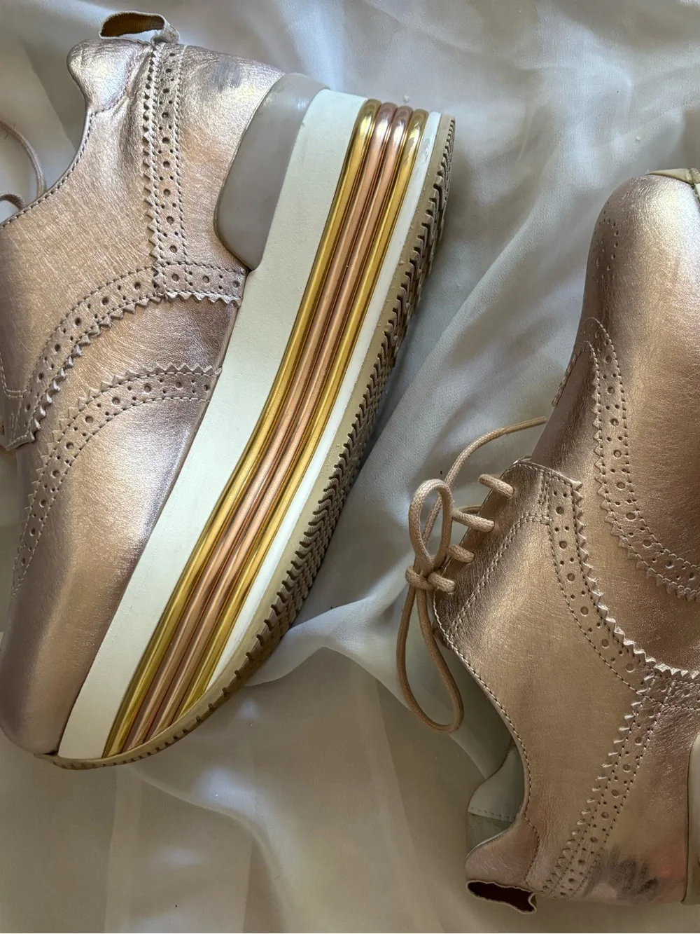 Hogan Rose Gold Italian Leather Euro Platform Wingtip Oxford Lace Up Sneakers 4